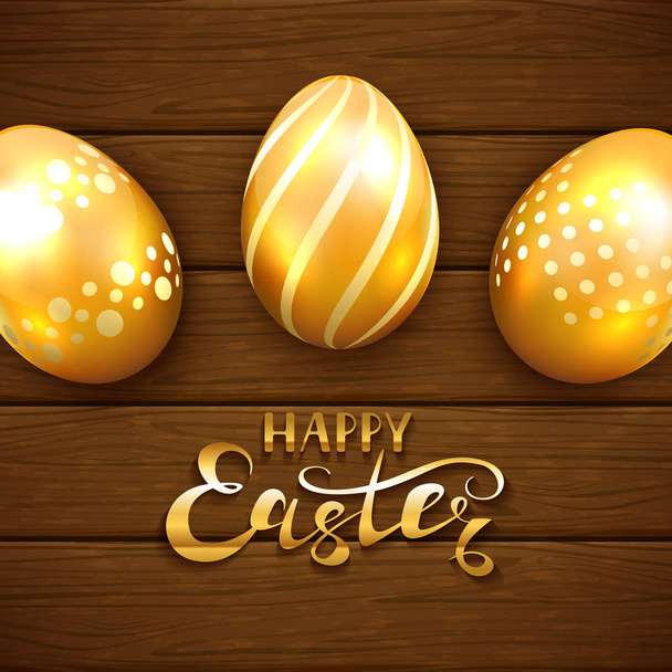 Golden Easter eggs with pattern on brown wooden background - Vector, Image