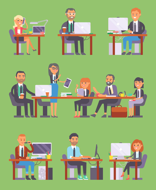 Flatr ベクトル ビジネス人々 職場オフィス ワーカーや事務所同僚やコンピューターおよびビジネス会議文字職場のテーブルにラップトップと Pc で働いている人の背景に分離 - ベクター画像
