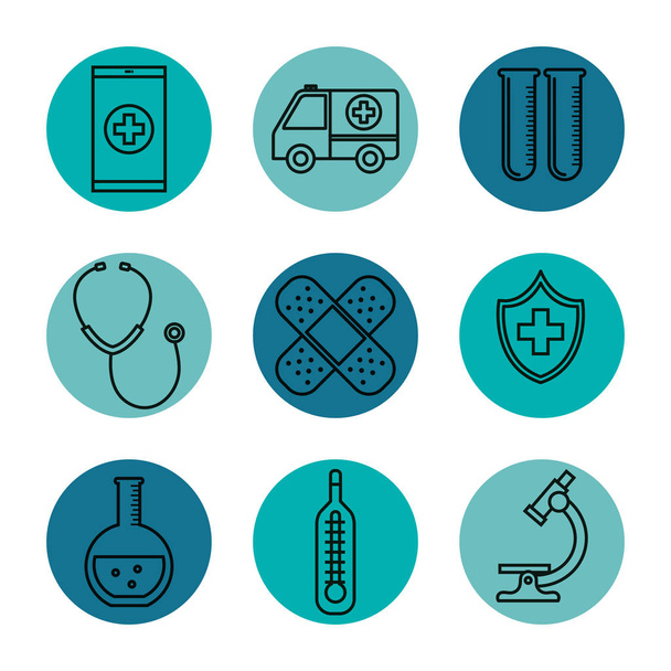 gyógyászati ellátás egészségügyi ikonok beállítása - Vektor, kép