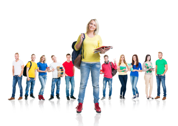 Large group of teenage students isolated on white background. Many different people standing together. School, education, college, university concept. - Fotó, kép