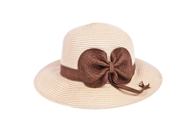 brązowy Słomkowy kapelusz z taśmy na białym tle - Zdjęcie, obraz