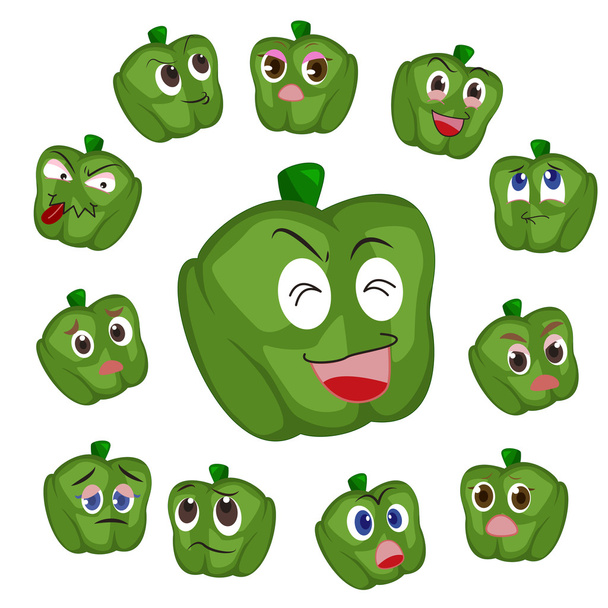 Green pepper cartoon with many expressions - Vector, Image