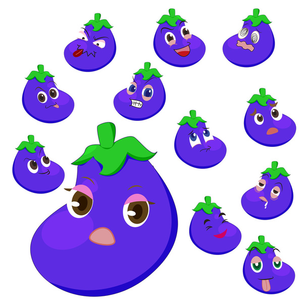 Eggplant cartoon with many expressions - Vettoriali, immagini