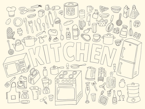 Set hand drawn icons kitchen - Vector, Image