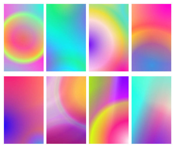 Fluid iridescent multicolored backgrounds. Vector illustration of fluids. Background set with holographic neon effect. Phone screen saver set. - Vector, Image