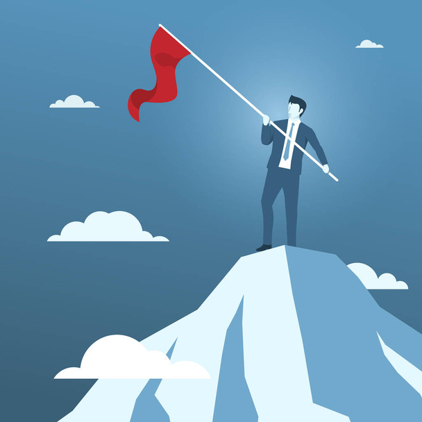 Επιχειρηματίας κρατώντας κόκκινη σημαία στην κορυφή του βουνού, έννοια της επιχειρηματικής επιτυχίας ή επιχείρηση κατακτητής. - Διάνυσμα, εικόνα