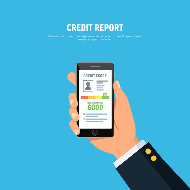 Close-up of person hands holds phone with credit score app. Concept personal credit rating information. - Vector, afbeelding