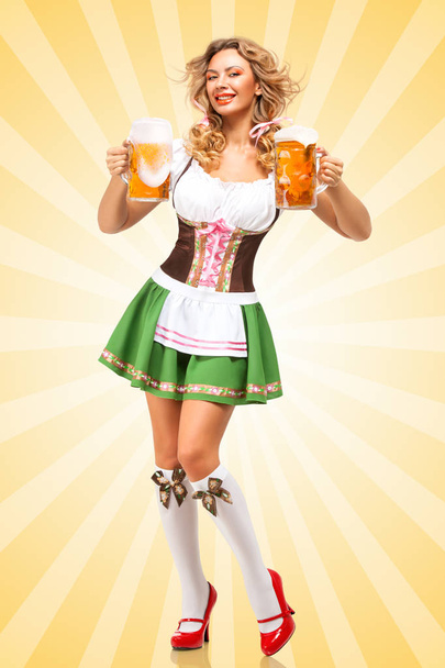 Beautiful sexy Oktoberfest woman wearing a traditional Bavarian dress dirndl serving two beer mugs on colorful abstract cartoon style background and smiling. - Fotoğraf, Görsel