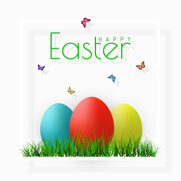 Happy Easter. Vector Easter eggs with grass, butterfly and flowers in frame, isolated on a gray background - Вектор, зображення