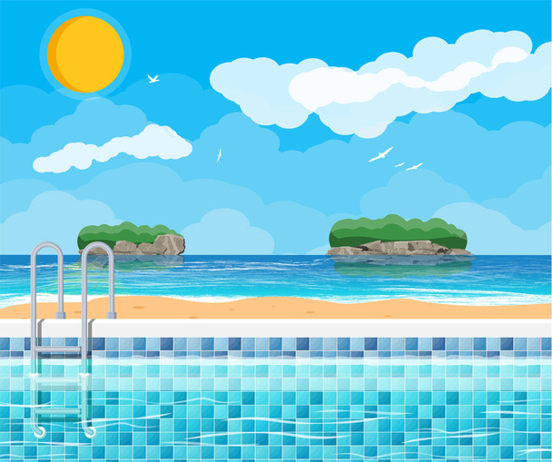 Swimming pool and ladder. Ocean and islands. - Vector, Image