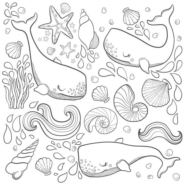 Graphic elements whales flying in the sky. Sea and ocean creatures. Coloring book page design for adults and kids - Διάνυσμα, εικόνα