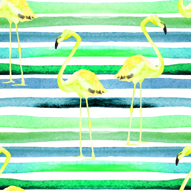 Watercolor Stripes Seamless Pattern with Flamingo. - Foto, imagen