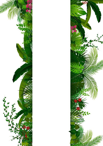 Vector illustration of Tropical leaves background. Rectangle plants frame with space for text. Tropical foliage with vertical banner - Вектор,изображение