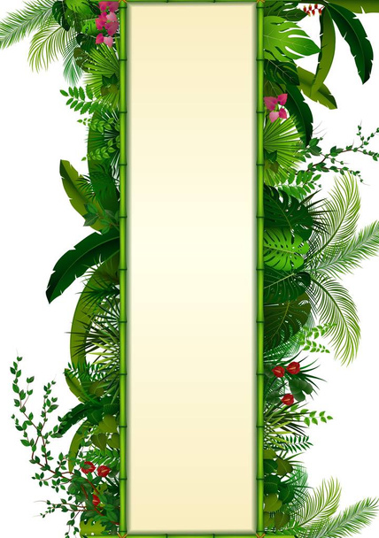 Векторная иллюстрация фона тропических листьев. Прямоугольные растения обрамляют бамбук пространством для текста. Тропическая листва с вертикальным баннером
 - Вектор,изображение