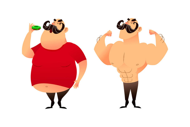Şişman bir adam ve bir atlet. Önce ve sonra. Spor yapıyor ve sağlıklı kavramları yeme. Obezite bir adamla bir donut yiyor. Güçlü adam ve güreşçi kendi kaslarını göster. Başarılı kilo kaybı - Fotoğraf, Görsel