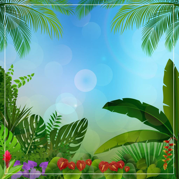 Ilustracja wektorowa tła tropikalna dżungla z palmami i liści - Wektor, obraz