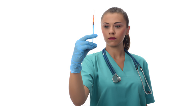 female doctor holding insulin syringe. isolated on white background - Foto, Imagen