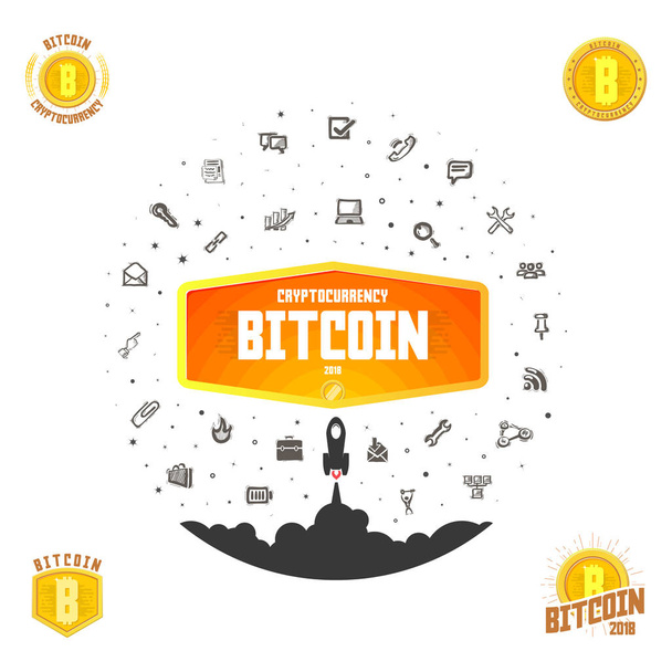 Bitcoin bage set. Digitale geld. Blockchain, symbool van de financiën. Cryptocurrency logo teken. - Vector, afbeelding