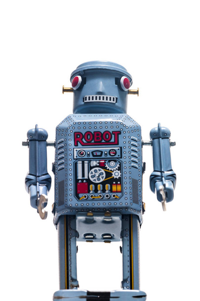 Vintage tina robotti lelu eristetty valkoisella taustalla. - Valokuva, kuva