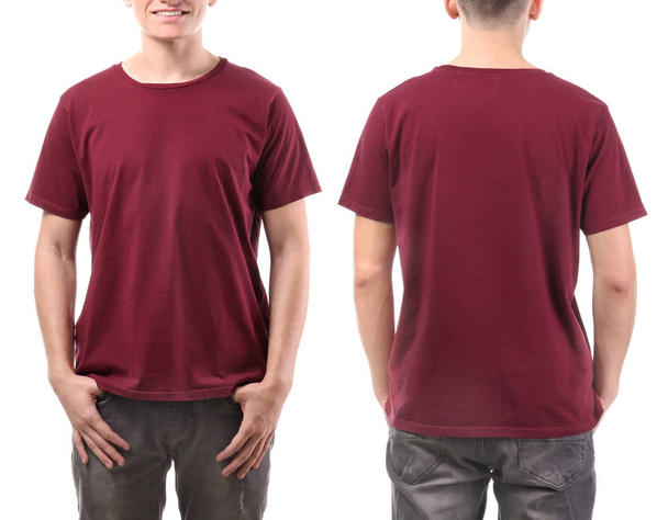 Front and back views of young man in stylish t-shirt on white background. Mockup for design - Fotó, kép
