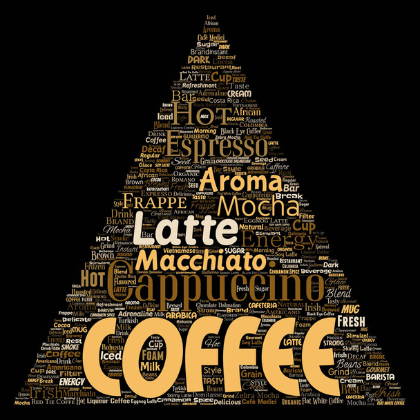 Vector conceptual creative hot morning italian coffee break cappuccino or espresso restaurant or cafeteria triangle arrow beverage word cloud isolated. A splash of energy or taste drink concept text - Vector, Image