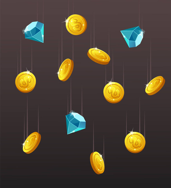 Icons coins, blue crystals, gemstones, gems, diamonds. - Vecteur, image