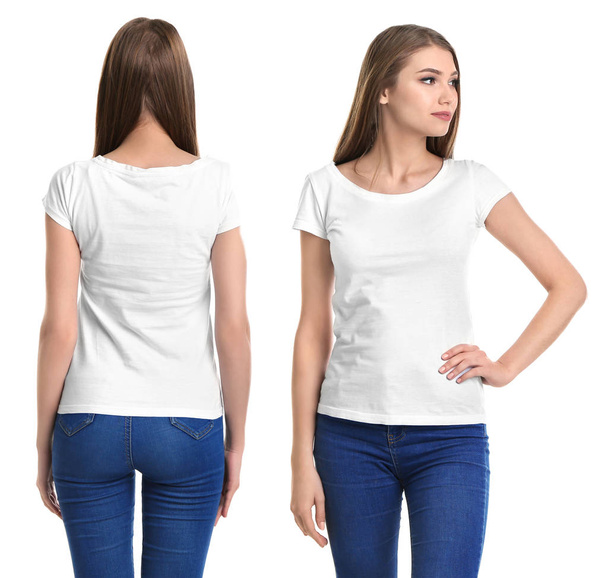 Front and back views of young woman in stylish t-shirt on white background. Mockup for design - Foto, Imagen