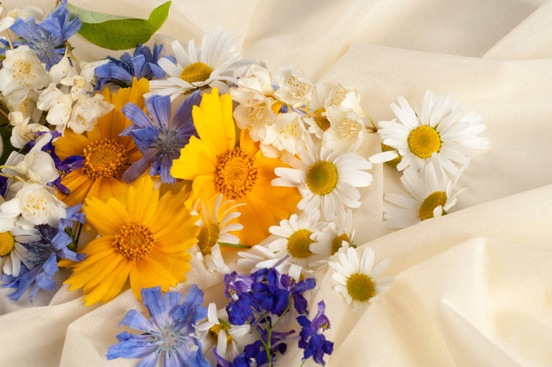 Дикі квіти. Студійна фотографія. Ромашка, жасмин, квіти, сфотографовані на шовковій тканині
 - Фото, зображення