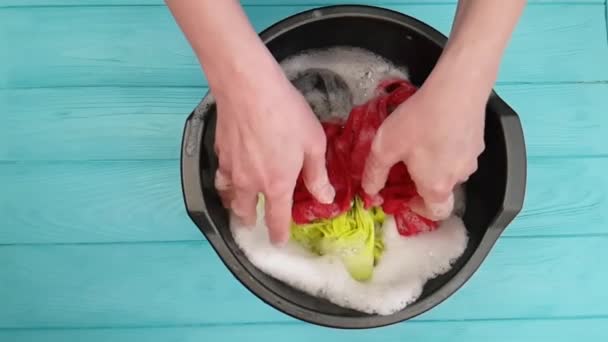 Χέρια πλένουν τα ρούχα σε μια λεκάνη - Πλάνα, βίντεο