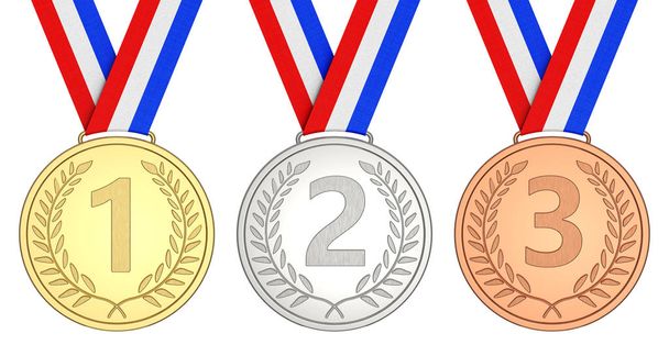 Gold, silver, bronze medal isolated on white background 3D rendering - Foto, Imagem