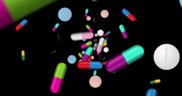薬の丸薬、錠剤や色のカプセルが落下します。健康、治療、ループ シームレスなアニメーションで薬局のコンセプト. - 映像、動画