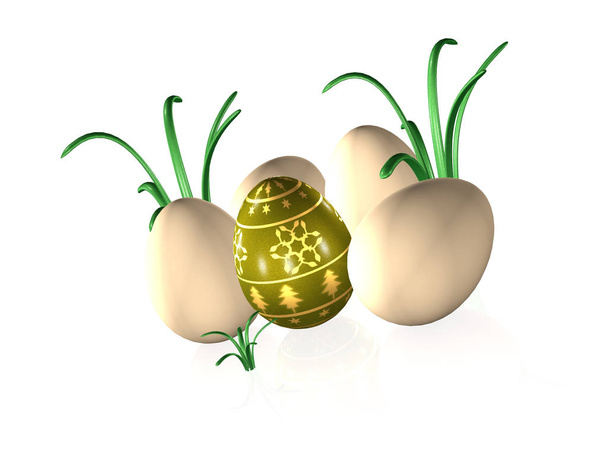 Easter eggs and grass on white rerlective background - Φωτογραφία, εικόνα