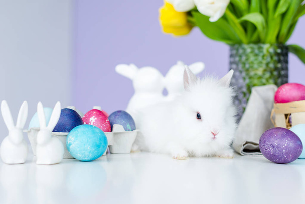 Bunny in nest on table by Easter eggs - Фото, изображение