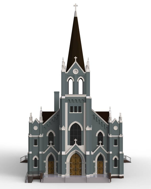Het gebouw van de katholieke kerk, uitzicht vanuit verschillende kanten. Drie-dimensionale afbeelding op een witte achtergrond. 3D-rendering. - Foto, afbeelding