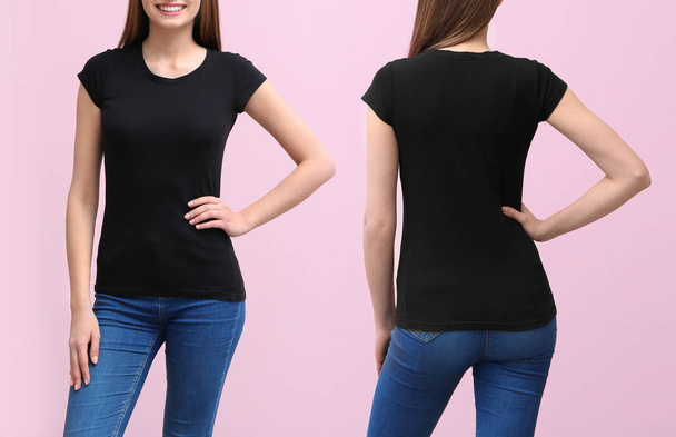 Front and back views of young woman in stylish t-shirt on pink background. Mockup for design - Photo, Image