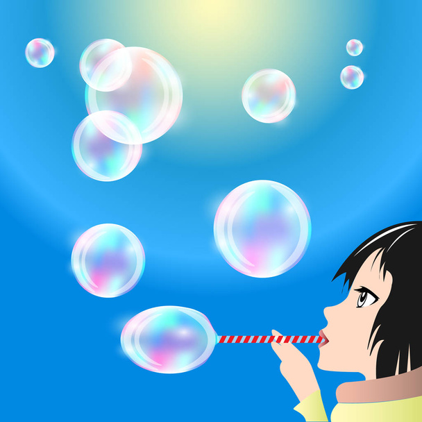 girl blows bubbles from the straw - Vector, Image
