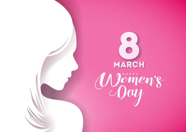 Happy Womens Day Greeting Card Design with Sexy Young Woman Silhouette. International Female Holiday Illustration with Typography Letter Design on Pink Background. Vector International 8 March - Vettoriali, immagini
