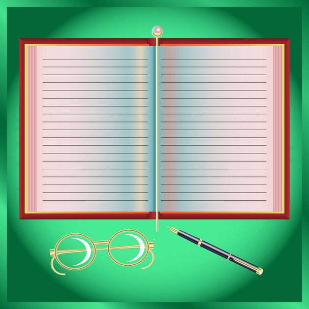 ноутбук, позолоченные очки, ручка, позолоченная закладка на зеленом фоне
 - Вектор,изображение