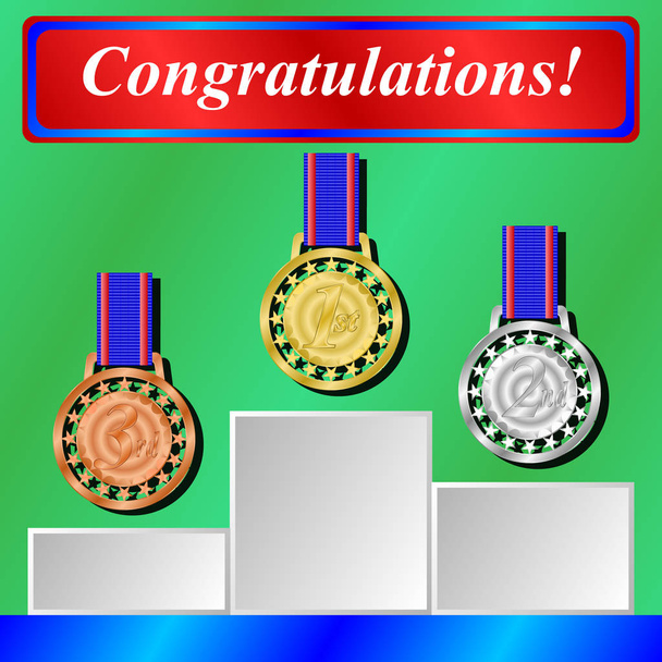Gouden, zilveren en bronzen medailles voor 1e, 2e en 3e plaatsen - Vector, afbeelding