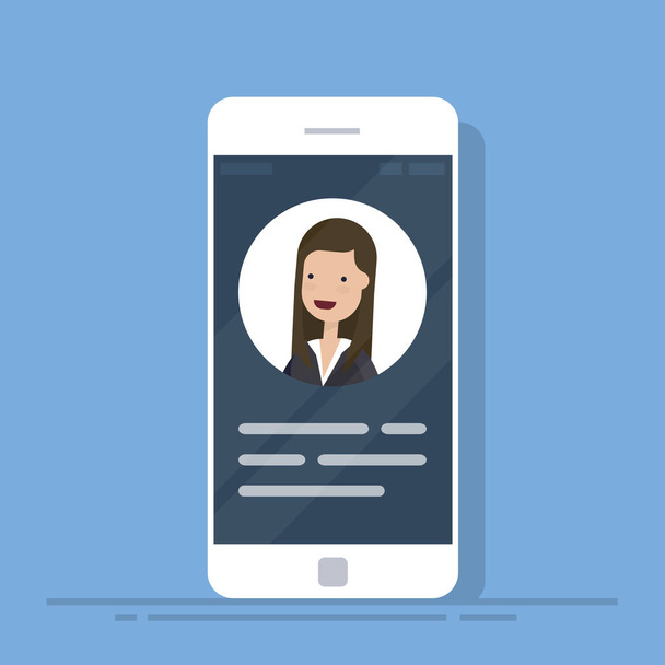 User contacts or profile card details on smartphone. Personal info data on mobile phone. Identity person photo and text clipart. Flat vector illustration isolated on blue background. - Vector, Image