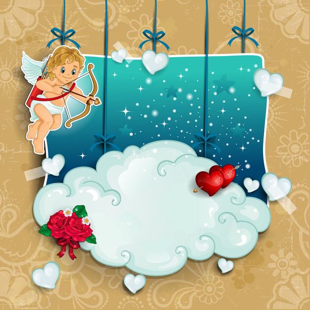 Cupid with bow and arrow clouds hung - Vector, Image