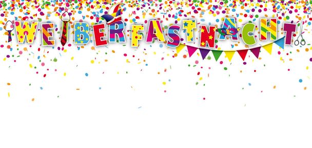 Plantilla con confeti colorido y texto alemán Weiberfastnacht, traducir Día del Carnaval de la Mujer
 - Vector, imagen