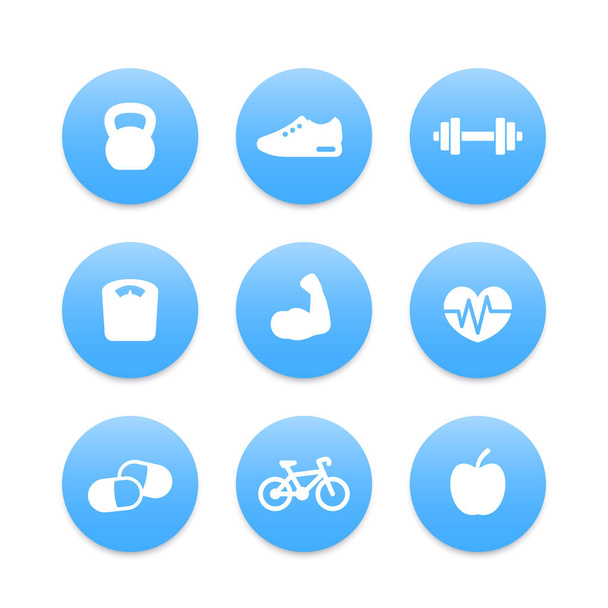 Fitness simple icons, kettlebell, biceps, dumbbell, cardio, running - Wektor, obraz