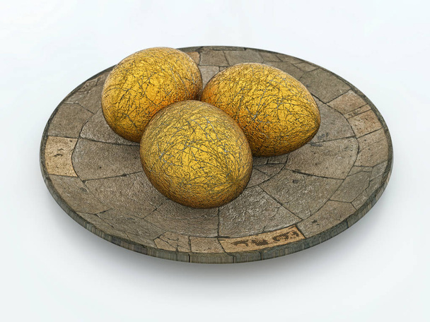 Três ovos dourados em placa de pedra
 - Foto, Imagem