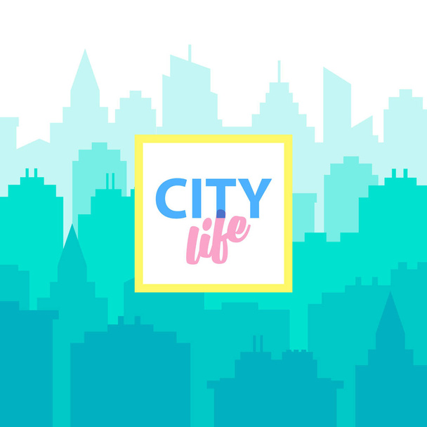 City life background. Poster template with Urban landscape. Blue pastel city silhouette in flat style. Cityscape backgrounds. Daytime morning city skyline. - Vektor, obrázek