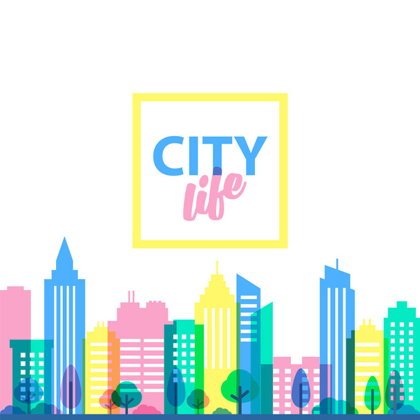 City landscape template. Flat style illustration in punchy pastels colors. Colored Buildings on white background. Cityscape background in pastel colors. Urban life. - Διάνυσμα, εικόνα