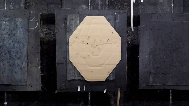 Target Shooting. Target rows at a shooting range. Shooting targets hanging on a grungy background. Bullet casings lay on the target - Foto, Imagen