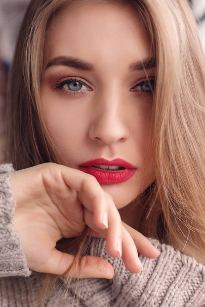 Close-up of a beautiful women her red lips - Photo, Image