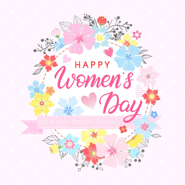 Women`s Day typography - hand painted lettering with different flowers and floral elements.Seasons greetings card perfect for prints,flyers,posters,holiday invitations and more.Vector 8 march card. - Vector, afbeelding