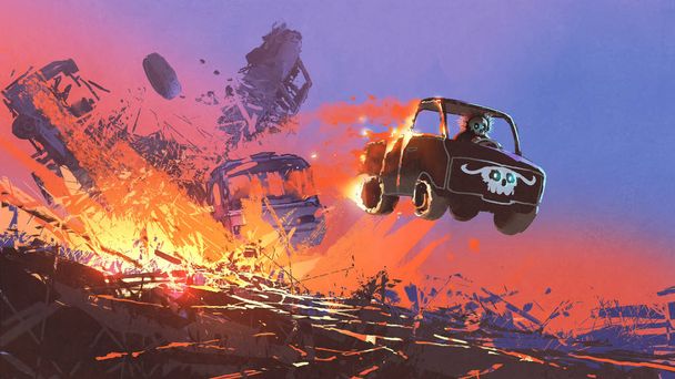 man in skull mask driving a truck coming out of explosion, digital art style, illustration painting - Photo, Image